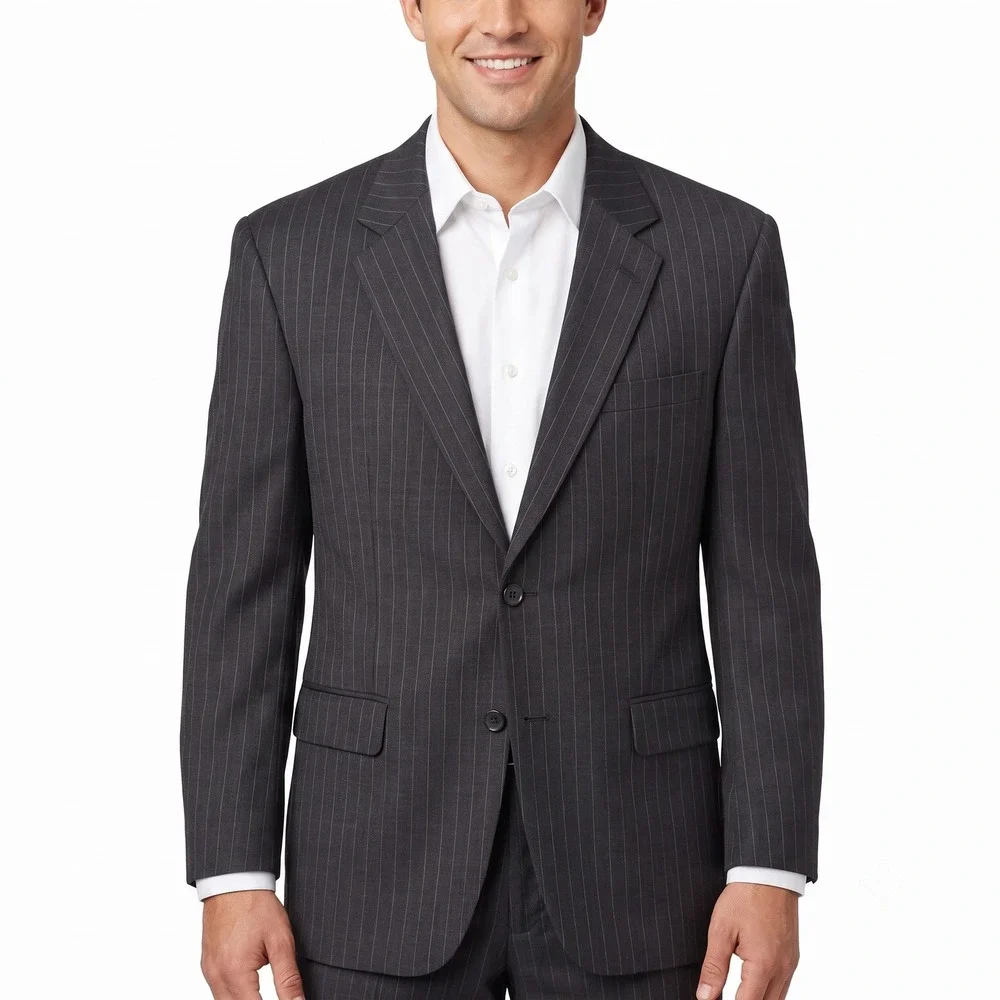 Rossellini Milan Italy Mens 42L Pinstripe Blazer Super 120s Virgin Wool Charcoal